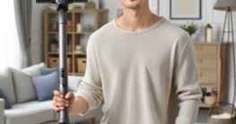 Ein junger Mann hält einen Akku Waschsauger in der Hand.